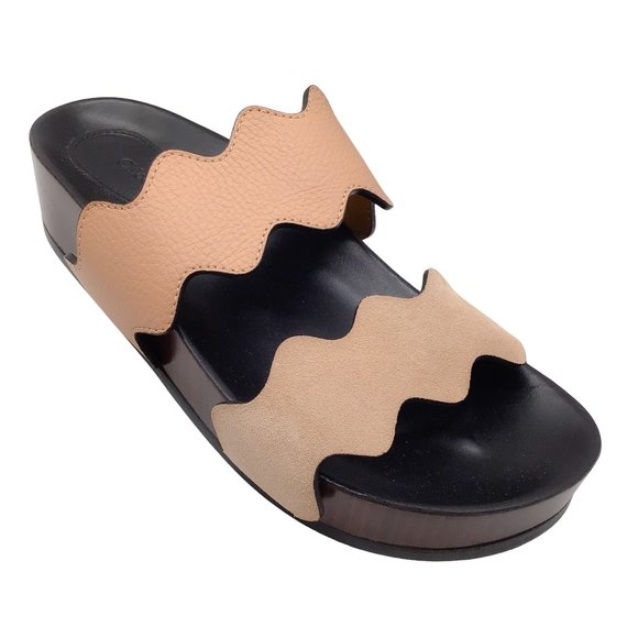 Chloe Shoes - CHLOE CARRAIA TAN SUEDE AND LEATHER FLAT SLIDE SANDALS